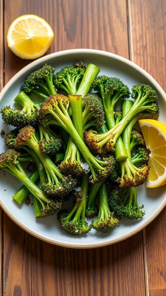 Crispy Air Fryer Tenderstem Broccoli Recipe Crispy air-fried tenderstem broccoli on a plate with lemon wedge, served on a wooden table.